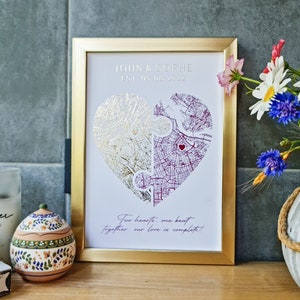 Zwei Orte Herz Puzzle Karte Goldfolie gerahmte Wandkunst, benutzerdefinierte Hochzeit Dusche Geschenk für Paar, Geschenk 1. Jahrestag für Frau