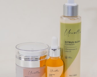Natural Skincare Routine set: Cleanser, serum, & moisturizer; clean beauty essentials