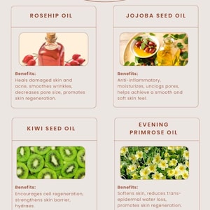 Puede incluir: Un gr&aacute;fico que muestra los ingredientes del suero hidratante de Unwritten Skincare. Los ingredientes son aceite de rosa mosqueta, aceite de semilla de jojoba, aceite de semilla de kiwi, aceite de onagra, ubiquinona, vitamina E, escualano, incienso y aceites esenciales de romero. Cada ingrediente se muestra con una foto de la fuente del ingrediente y una descripci&oacute;n de sus beneficios.