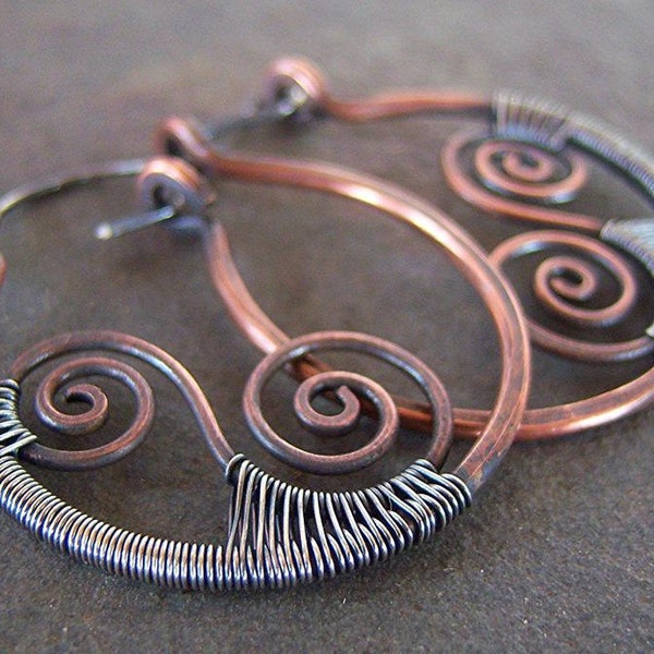 Sale Rustic Handmade Swirled Dangle Hoop Earrings Copper Silver Artisan Earrings