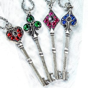 PREMIUM Precinct Key - Resident Evil 2 Remake Pendant Necklace Set, 950 Sterling Silver Club, Diamond, Spade & Heart Keys with Gemstones