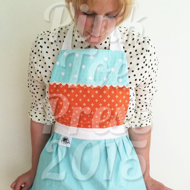Retro Quilted Apron DAISY Vintage Style Apron Coral Teal Powder Blue Reversible