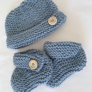 Demin Blue Hand Knitted Baby Boy Beanie Hat and Bootie Set - 0-3 months & 3-6 months. Ideal for baby shower, gender reveal.