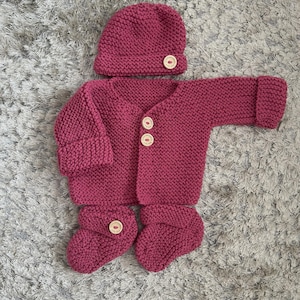 Baby Cardigan Set Hand Knitted in Raspberry Pink -  Available in Sizes 0-3 months & 3-6 months. Ideal New Baby or Baby Shower Gift