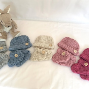 Hand Knitted Baby Beanie Hat and Booties Set. Available in 5 colours and 2 sizes