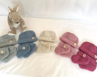 Hand Knitted Baby Beanie and Booties Set: Five Colours in Two Sizes