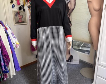 Vintage 70's Checkered Maxi Dress Black Red White Mod Collegiate Style Double Knit Polyester