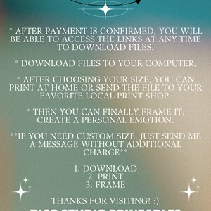 May include: A digital illustration with a teal background and white text explaining how to download and print digital art files. The text includes the phrase "How it works?" and "Bico Studio Printables".