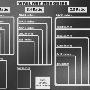 May include: A chart showing different wall art size ratios, including 4:5, 3:4, and 2:3. The chart lists various sizes in inches, such as 16x20, 12x15, 8x10, 4x5, 11x14, 18x24, 15x20, 12x16, 9x12, 6x8, 5x7, 24x36, 20x30, 16x24, 12x18, 8x12, and 4x6.