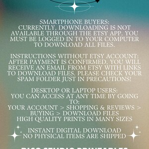 May include: A graphic with instructions on how to download digital files from Etsy. The text explains how to download files on a smartphone, computer, or laptop. The graphic also includes the text "BICO STUDIO PRINTABLES".