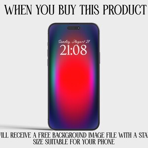 May include: A black smartphone with a red, blue and green gradient background on the screen. The time is 21:08 and the date is Sunday, August 21. The text "WHEN YOU BUY THIS PRODUCT YOU WILL RECEIVE A FREE BACKGROUND IMAGE FILE WITH A STANDARD SIZE SUITABLE FOR YOUR PHONE" is displayed below the phone.