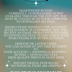May include: A green and blue gradient background with white text explaining how to download digital files from Etsy. The text includes instructions for both smartphone and desktop users. The text also states that no physical items are shipped.