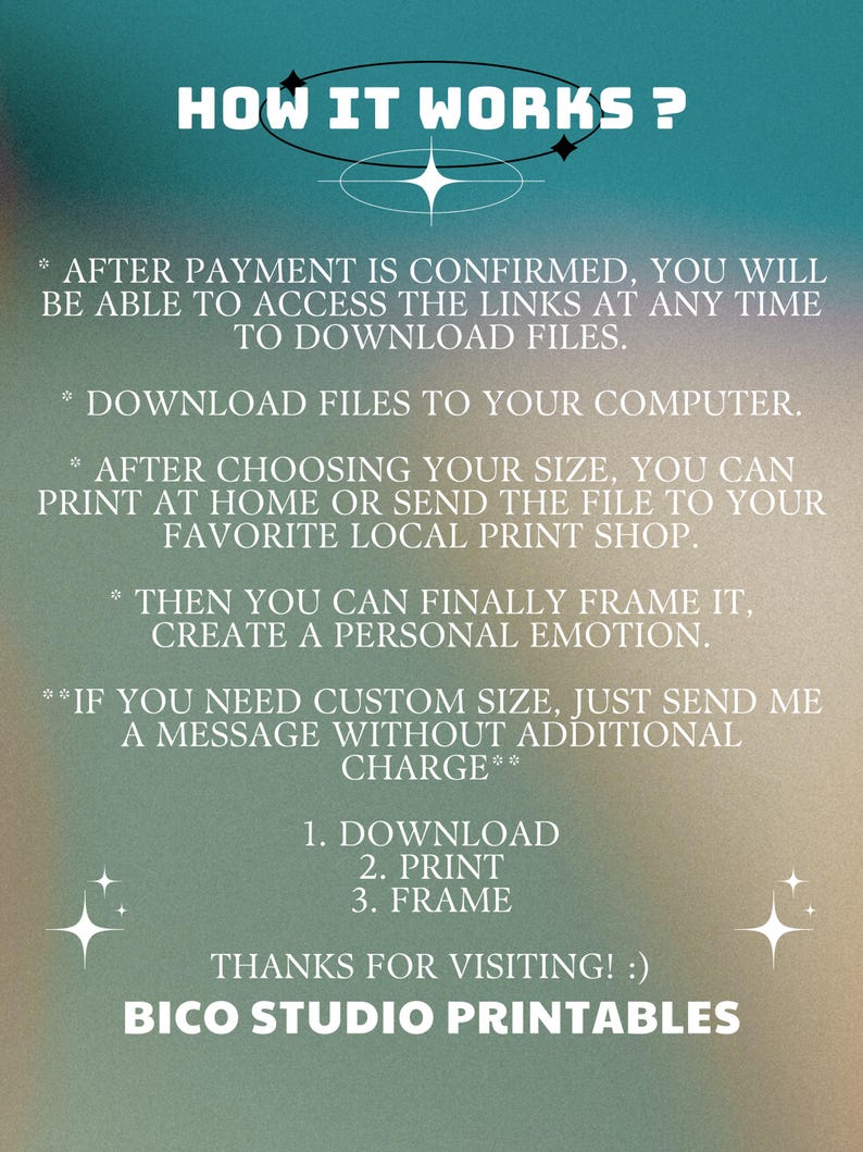 May include: A teal green background with white text explaining how to download and print digital files. The text says "HOW IT WORKS?" and includes instructions for downloading, printing, and framing the files. The text also says "BICO STUDIO PRINTABLES".