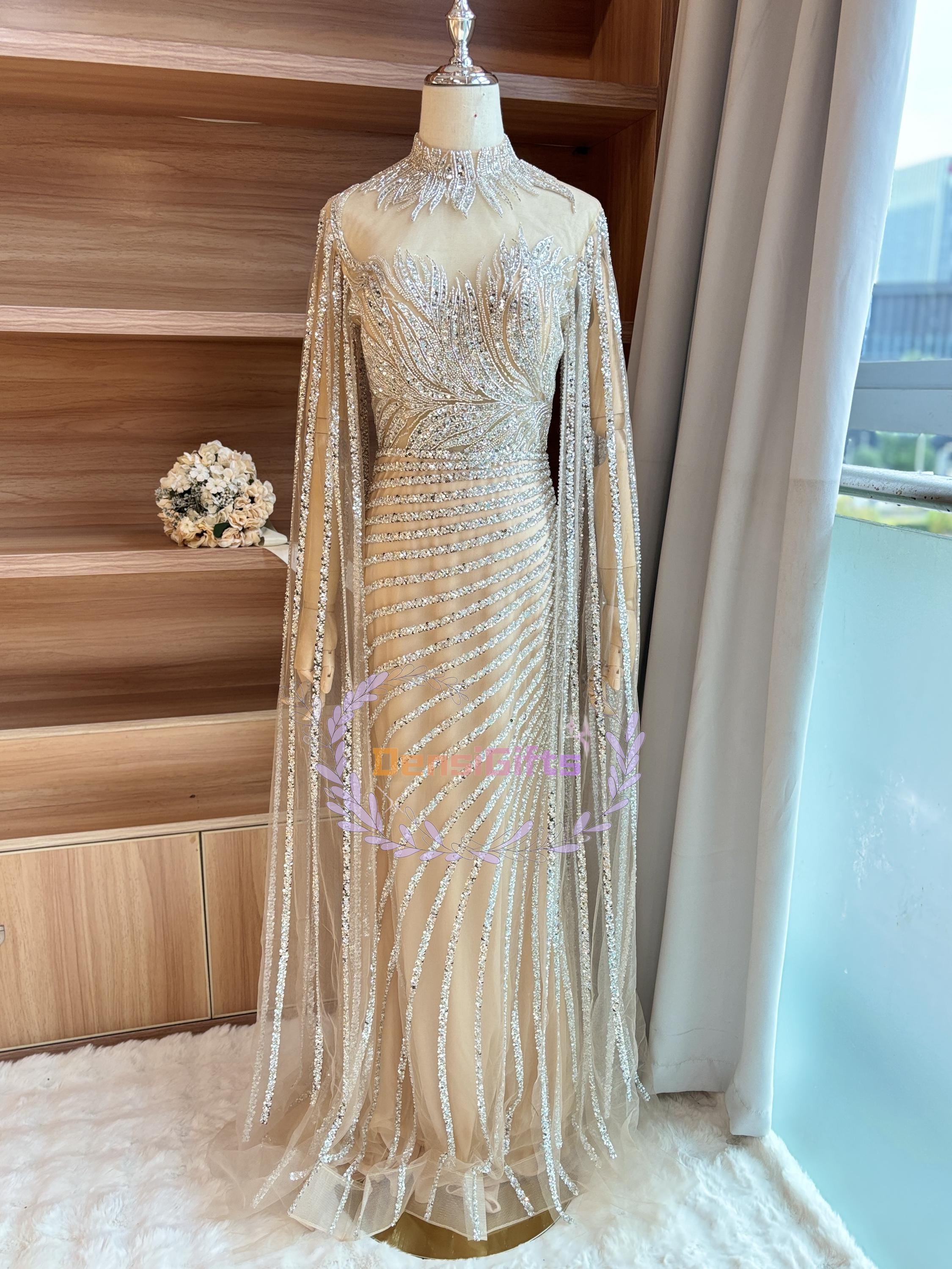 High neck beaded dress deals