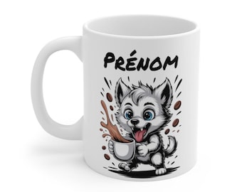 Wolf Mug with First Name – Customizable Animal Mug, Cute White Wolf, Original Gift Idea