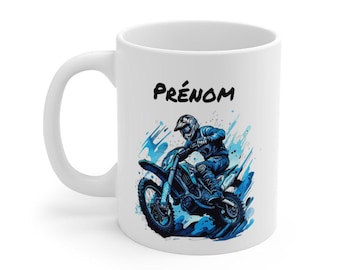 Personalized Motocross Mug, Blue Motorcycle Rider Mug with Name, Off-Road Rider Gift, Ceramic, 325ml