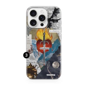 May include: A phone case featuring a collage design with a central red heart pierced by a silver sword, surrounded by flames. The graphic includes a black dragon silhouette, a moon, a crown, text reading Fireheart, and other printed paper elements.
