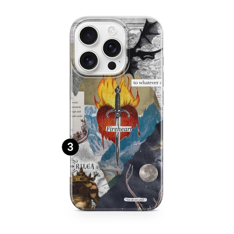 May include: A phone case featuring a collage design with a central red heart pierced by a silver sword, surrounded by flames. The graphic includes a black dragon silhouette, a moon, a crown, text reading Fireheart, and other printed paper elements.