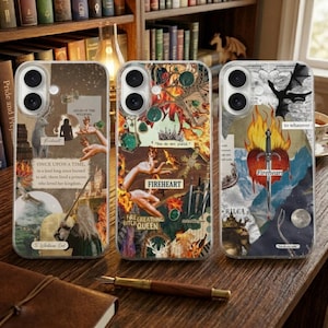 A high-resolution phone case featuring a Throne of Glass fantasy book aesthetic. The design displays a golden emblem of a majestic stag with sweeping antlers, surrounded by crossed swords and intricate evergreen flourishes on a deep emerald green background.