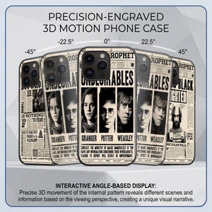 Può includere: Una custodia per telefono con movimento 3D incisa con precisione che presenta un design di giornale intitolato The Daily Prophet. La custodia mostra immagini mutevoli di Granger, Potter e Weasley in base all'angolo di visione, con testo sugli indesiderabili.