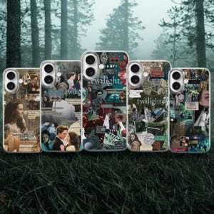 Puede incluir: Cinco fundas transparentes para teléfono con un collage de varias escenas, personajes y la palabra Twilight impresa en la parte posterior. Cada funda muestra una disposición única de imágenes que incluyen paisajes forestales y escenas de películas.