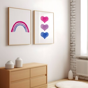 Watercolor Bisexual Hearts & Rainbow | Subtle Bisexual Decor | Printable Art | Bisexual Home Decor | LGTBQ Art - Digital Prints Set of 2