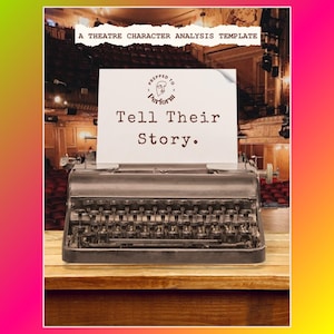 Puede incluir: Una máquina de escribir vintage se encuentra sobre una mesa de madera frente a un escenario de teatro. Una hoja de papel blanca está en la máquina de escribir con el texto "Prepped to Perform Tell Their Story."