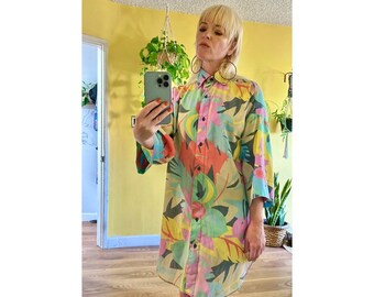 Vintage 80s Oversized Shirt Dress Tropical Print Tops 1980s Party Vtg Tiki Blouses