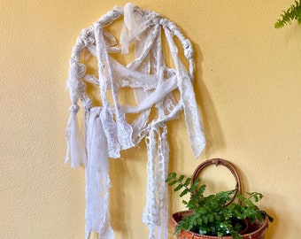 Upcycled White Ribbon Dreamcatcher Boho Wall Hanging Whimsical Art