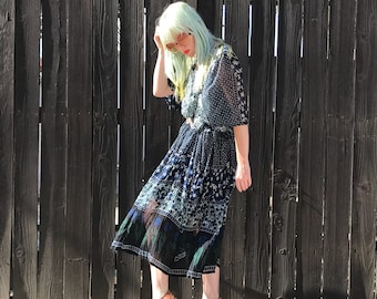 Hippie Dress - Indian Cotton - Boho Clothing - Midi Dress - Festival Clothes - Semi Sheer Dress - Bohemian Dress - Womens SMALL MEDIUM