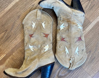 Vintage Cowboy Boots Size 5 Western Boots Tan Suede Leather