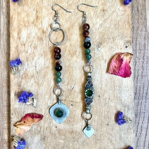 Handmade mismatched earrings, with vintage tribal pieces, agate, and jade.  These tribal earrings are one of a kind and not too heavy.