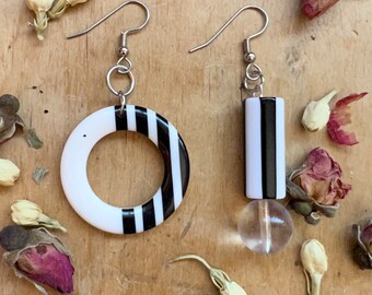 Mismatched Black and White Earrings Vintage Plastic Jewelry