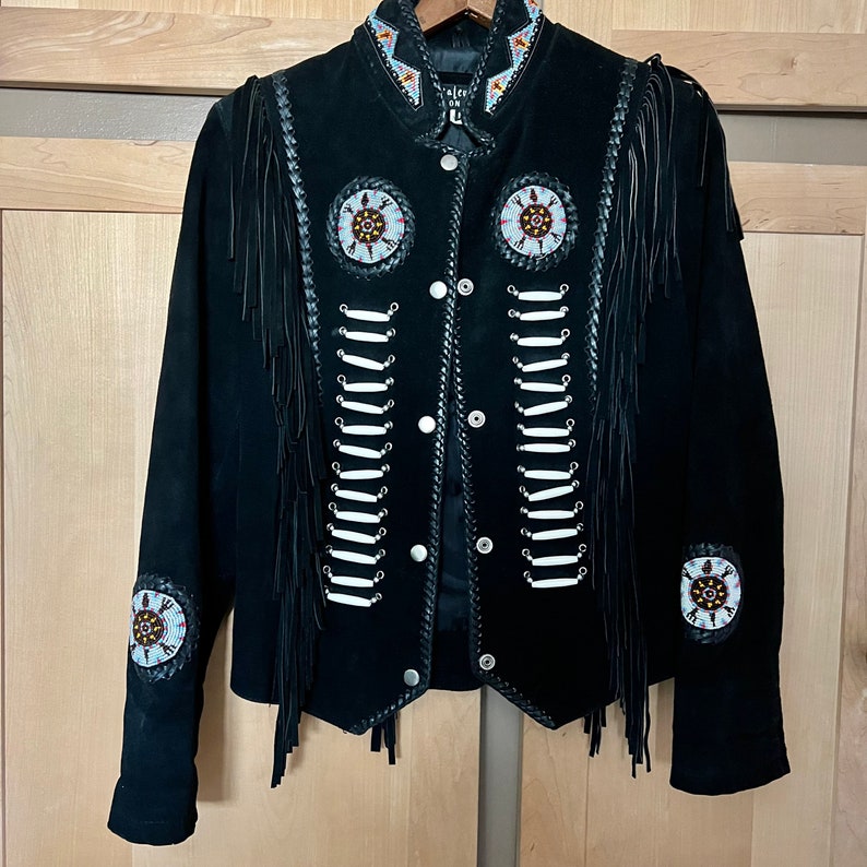 Vintage Black Leather Jacket Beaded Fringe Jackets Southwestern Clothing Western Clothes image 6
