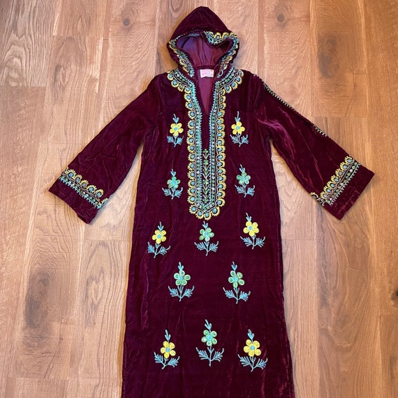 1960s Embroidered Velvet Kaftan Maxi Dress