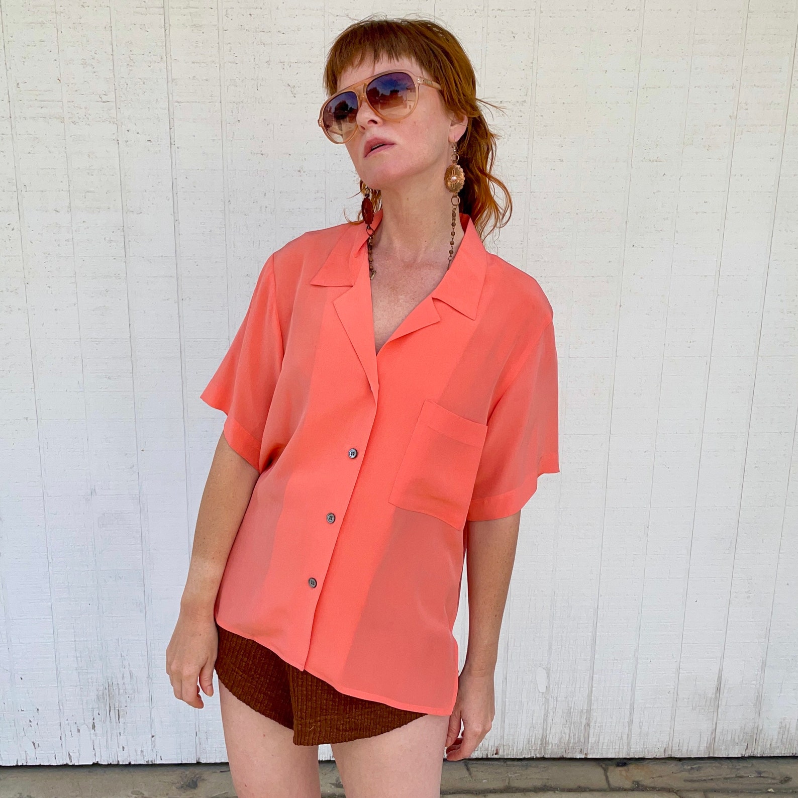 peach silk shirt