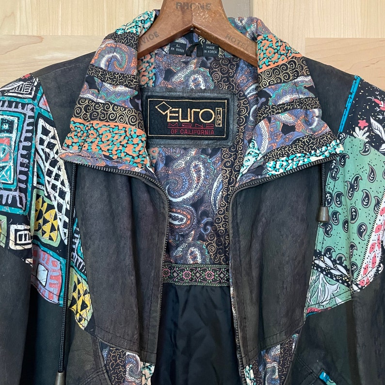 Vintage 1980s Oversized Bomber Jacket Patchwork Coat Puffy Leather Jacket 80s Clothing