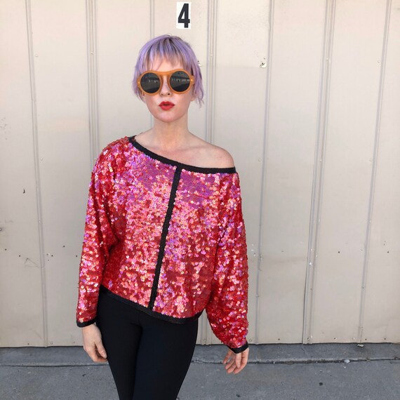 Vintage Sequins Top Sequined Blouse Hot Pink Shirt