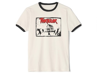 May include: A white t-shirt with a black ringer. The shirt has a graphic print of a house being lifted by people with the word "Thriller" in red letters above the image.