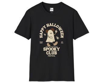 Może przedstawiać: Czarny T-shirt z białym nadrukiem przedstawiającym ducha z tekstem "Happy Halloween" i "Spooky Club Festival" w kółku.