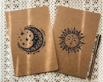 Linocut Print Kraft A5 Notebook | Boho Sun & Moon Print | Celestial Block Print Journal Set | Blank, Graph or Lined Journal