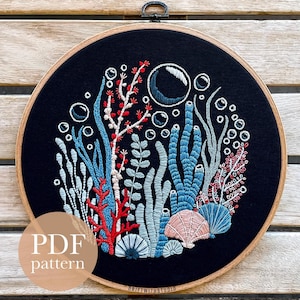 Midnight Coral Embroidery Pattern | Underwater Ocean Reef Hoop Art (Digital PDF Download)