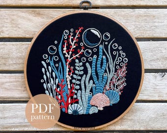 Midnight Coral Embroidery Pattern | Underwater Ocean Reef Hoop Art (Digital PDF Download)