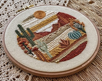 Desert Landscape Embroidery Pattern | It's A Dry Heat | Southwest Cactus Mountains Hoop Art | PDF Download Stitch Guide Included