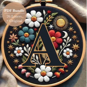 Pacote Celestial Blooms | 26 Letras + Padrões Originais de Bordado à Mão | Download Digital em PDF | Arte Floral DIY em Bastidor