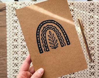 Linocut Print Kraft Notebook | Handprinted A5 Christian Journal | Rainbow & Vine Bible Study Journal |Lined, Blank, or Graph Pages
