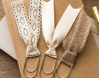 Large Paperclip Ribbon Bookmark | Single or Set of 3 | Burlap Macramé and Satin Bows | Bible Bookmark | Boho Journal Accessory