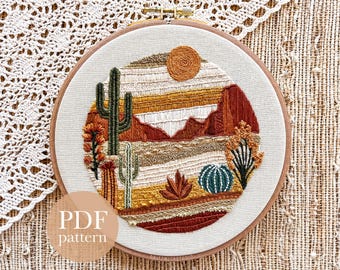 Desert Landscape Embroidery Pattern | It's A Dry Heat | Southwest Cactus Mountains Hoop Art | PDF Download Stitch Guide Included