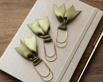 Large Paperclip Satin Ribbon Bookmark | Single or Set of 3 | Sage Green Satin Bow | Planner Clip | Bible Bookmark | Fall Journal Accessory