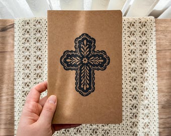 Linocut Print Kraft Notebook | Handprinted A5 Christian Journal | Floral Cross Bible Study Journal |Lined, Blank, or Graph Pages